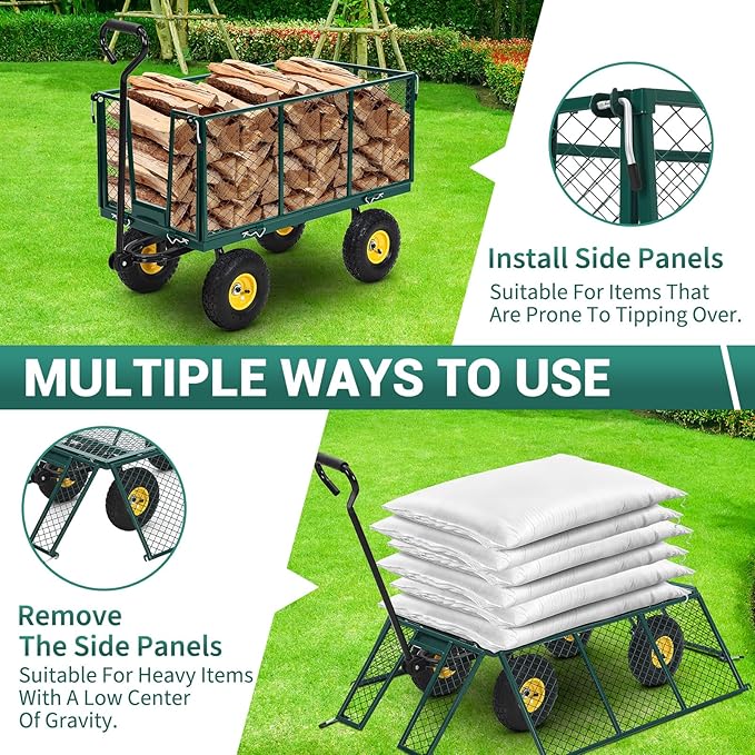 Garvee Steel Garden Cart, 1100 LBS Heavy Duty Metal Garden Wagon with 10" Wheels, Metal Push Wagon with 180° Rotating Handle and Removable Sides for Farm, Yard