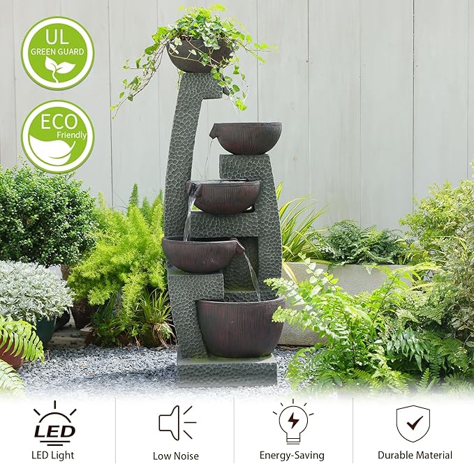 Bumilgar 47.5" H Water Fountain Outdoor with LED Lights & Pump, 5-Tier Cascading Outdoor Fountain for Garden,Patio,Porch,Backyard,Home Art Decor Gifts for Housewarming