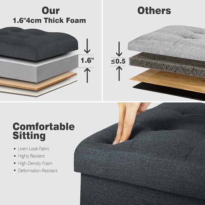 Storage Ottoman, 17" High Ottoman with Thicker Foam Padded Seat Grey Black | Small Folding Ottoman with Storage for Dorm Living Room Bedroom, Foot Rest Stool with Side Pocket & Handles, 17x13x13in