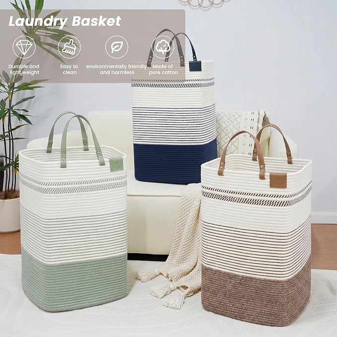 danpinera 100L Nursery Hamper, Tall Woven Laundry Basket with Long Leather Handles, Boho Laundry Hamper for Living Room, Eco-friendly & Convenient Decorative Storage Basket, White & Dark Brown