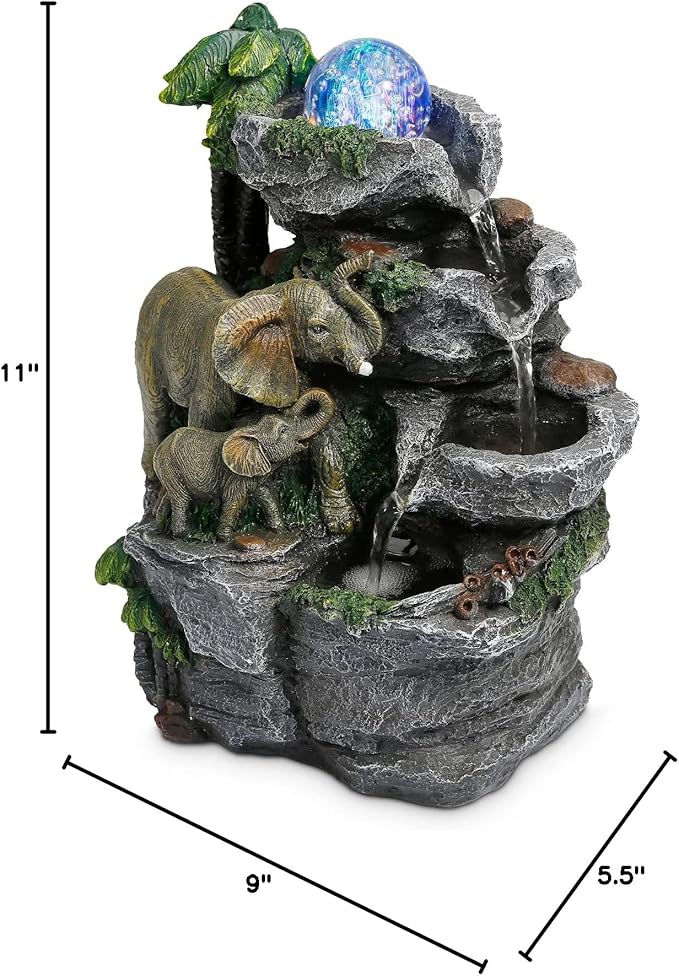 Dyna-Living Elephant Fountain Indoor Water Fountain, Tabletop Waterfall Fountain with Colorful LED Light and Rolling Ball Zen Water Feature Quiet Pump for Home Office Desk Decoration Gift