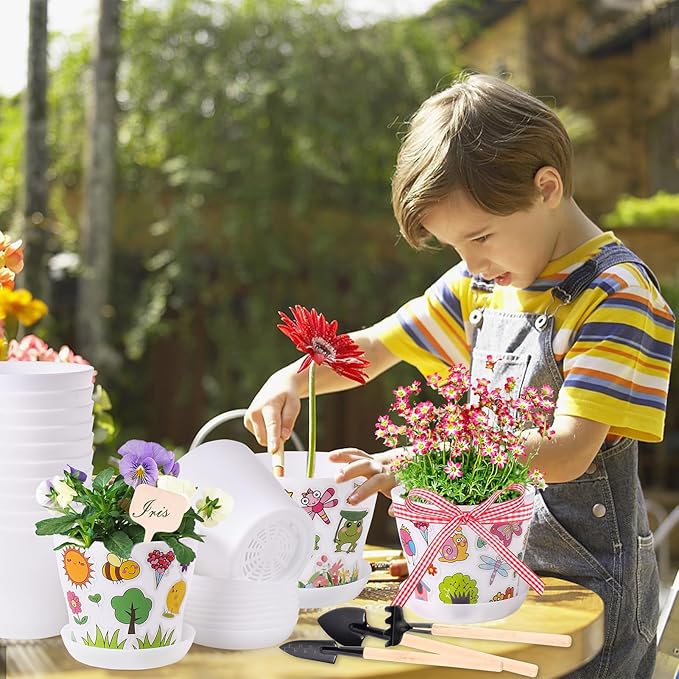 30 Pack Garden Plastic Pot Craft Kit DIY Flower Plant Crafts Nursery Pots Flower Planting Growing Kit for Mother's Day Spring Summer Home Classroom School Creative DIY Art Project Activities