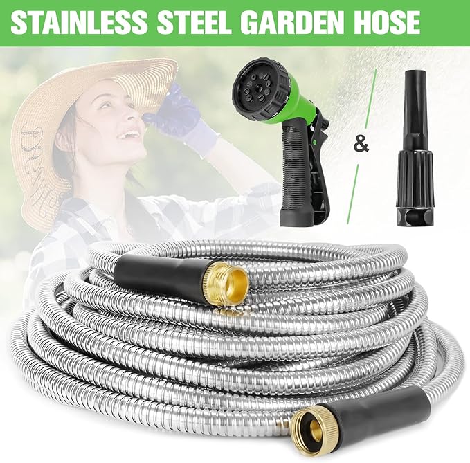 TVKB Metal Garden Hose 150ft Stainless Steel Water Hose Super Tough Flexible Water Pipe with 3/4 inch Brass Fittings and Sprayer Nozzle, Kink & Tangle Free, Rust Proof