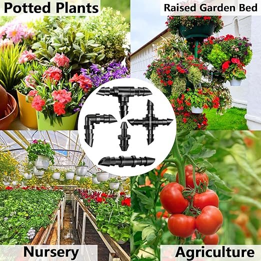 Drip Irrigation Fittings Kit for 1/4" Tubing, 130 Pieces Drip Line Connectors for Drip Systems - 40 Couplings, 30 Tees, 20 Elbows, 20 End Plugs, 20 Cross Tees Drip Irrigation Parts
