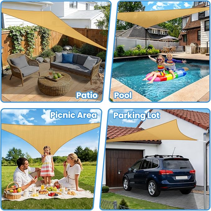 StorageTastic Triangle Sun Shade Sail - 20' x 20' x 20', UV Block Awnings for Patio Shade with Ropes Resist Wear, Tear & Fade, Breathable Sunshades for Outdoor Patio, Garden, Deck, Yard (Sand)