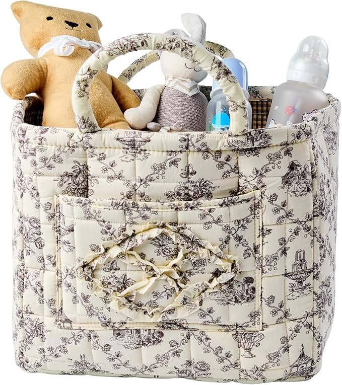 Quilted Fabric Car Storage Basket with Handles & Pocket, Foldable Laundry Hamper Boho Floral Print Organizer Bin for Home, Picnic, Office Nursery Cloth Toy 12"x10"x10" (Style D)