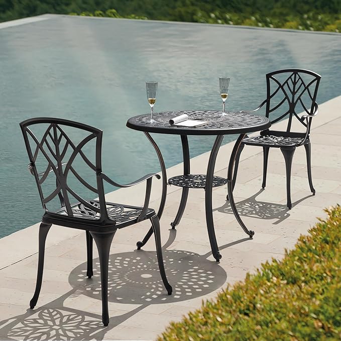 NUU GARDEN 31 Inch Patio Dining Table, Cast Aluminum Patio Table with Umbrella Hole, Round Outdoor Bistro Table for Backyard, Garden, Porch, Black with Antique Bronze Edging