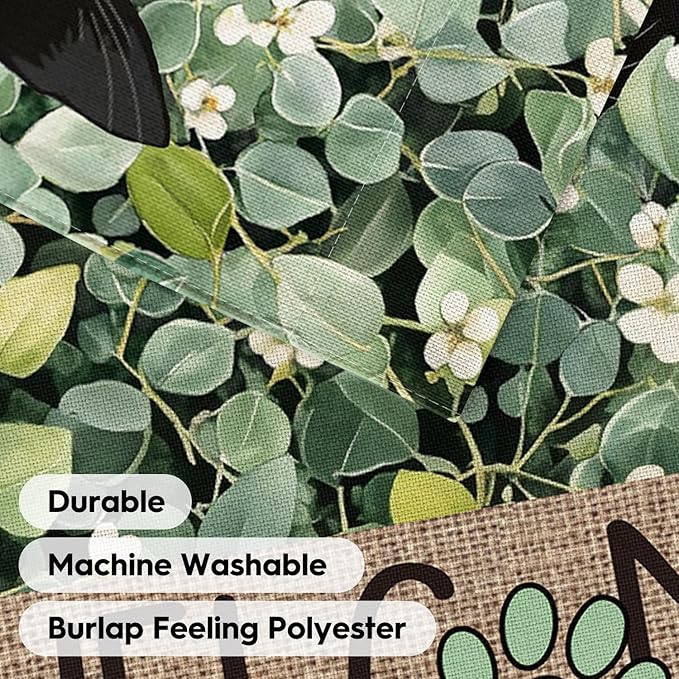AVOIN colorlife Spring Summer Floral Garden Flag 12x18 Inch Double Sided Outside, Eucalyptus Black Cat Welcome Seasonal Yard Outdoor Flag
