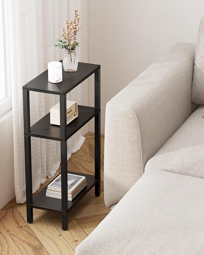 TUTOTAK Narrow Side Table, 3-Tier Small End Table for Couch | Skinny Sofa Table, Slim Nightstand, Easy Assembly for Living Room, Bedroom, Black TB01BK077