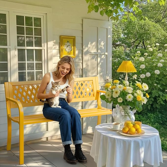 47" Outdoor Garden Bench, Patio Metal Frame Park Bench with Mesh Pattern Backrest for Porch, Lawn, Deck