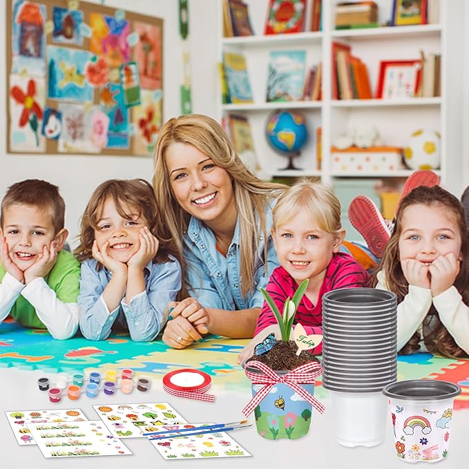 Garden Plastic Pot Craft Kit 32 Nursery Pots with 32 Stickers 32 Plant Labels 4 Painting Tools and 1 Ribbon for Mother's Day Flower Plant Spring Graduation DIY Crafts Painting Gardening Growing Tools