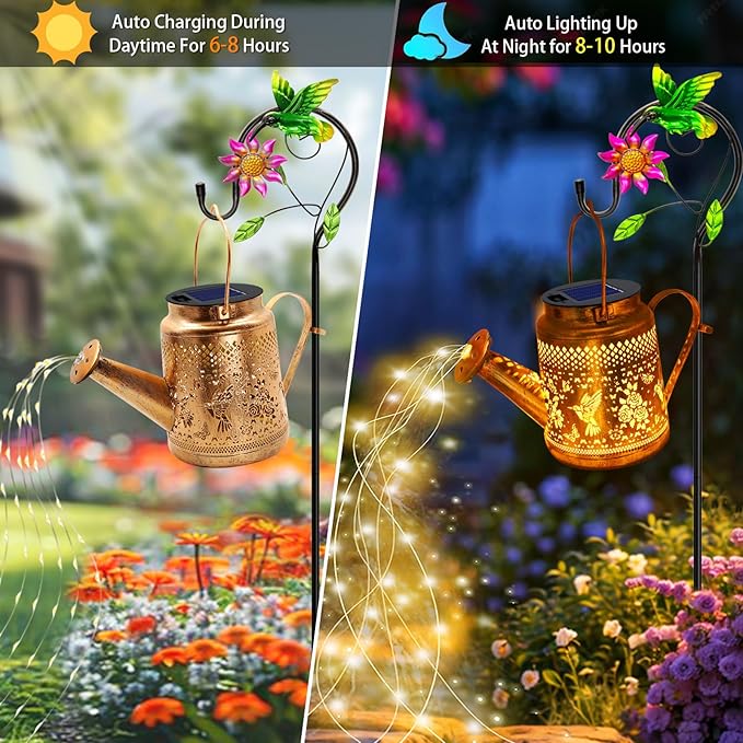 Solar Lanterns Outdoor Waterproof, Gifts for Mom Grandma Women Wife Daughter Mother's Day, Hummingbird Watering Can Garden Decor with Shepherd Hook, Hanging Solar Lights Yard Outside Patio Path Decor