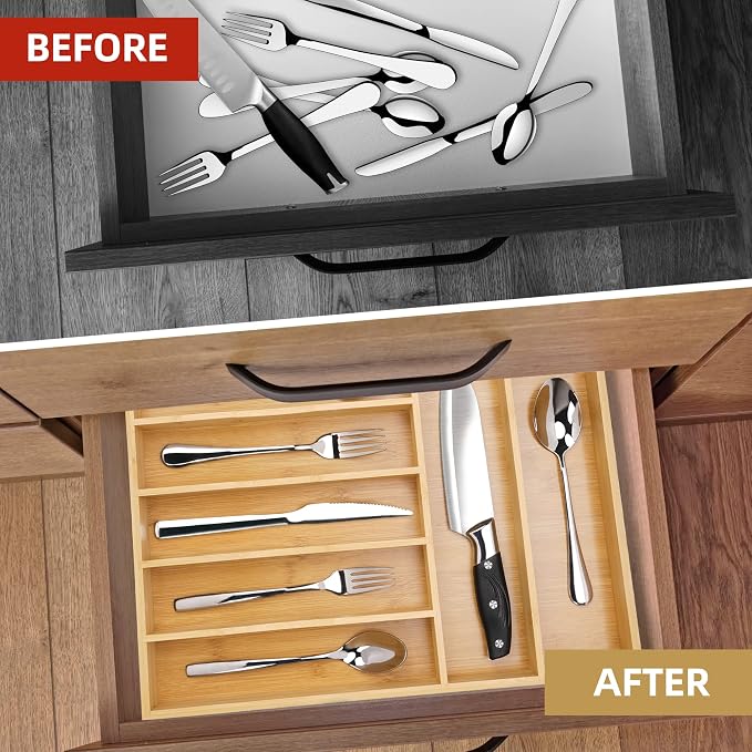 13" Bamboo Kitchen Drawer Organizer,7 Slots Silverware Cutlery Organizer