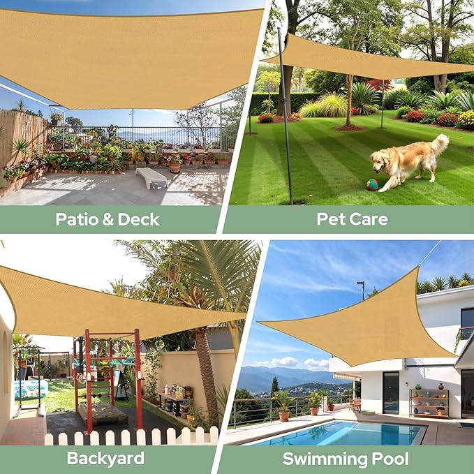 TasticTotes Rectangle Sun Shade Sail - 12' x 16', 95% UV Blockage, HDPE Sunshades for Outdoor Patio, Yard, Deck, Garden, Lawn, Permeable Awnings for Patio Shade with Reinforced Corners & Ropes (Sand)