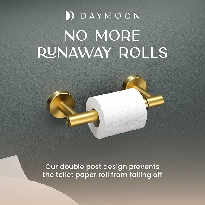 Day Moon™ Toilet Paper Holder Wall Mount, Modern Roll Holder for Bathroom, Stainless Steel Rustproof Double Post Pivoting Tissue Roll Holder for Bathroom, Classic, Gold