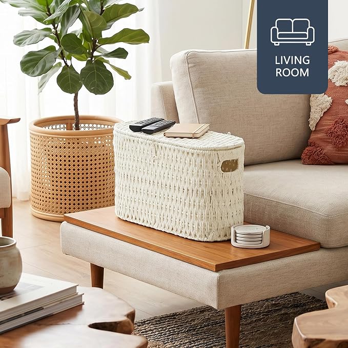 Coeusy Toilet Paper Storage Basket with Lid, Wicker Basket for Bathroom | Hand-Woven Paper Rope, Rattan Toilet Paper Holder, Organizer for 6 Mega Rolls with Handle, Boho Decorative Decor, Cream White