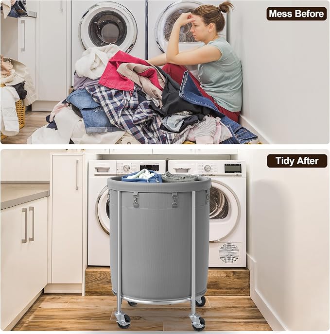ELYKEN Laundry Basket with Wheels, Round Rolling Laundry Hamper, Gray