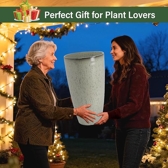 Neoaider 24/21/12 Inch Large Plastic Planter, Lightweight Ceramic-Look Tall Planters with Drain Hole & Saucers, Tall Plastic Planters for Porch, Garden, Patio, Balcony(Drip Glaze)