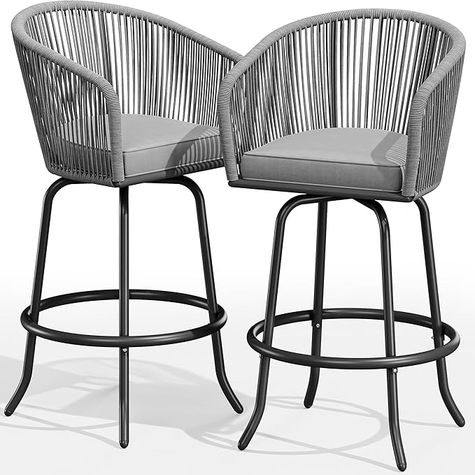 YITAHOME Counter Height Bar Stools Set of 2, Outdoor Bar Stools with Soft Cushions, Patio Rattan Swivel Bar Chairs for Backyard Poolside, Garden w /360 Rotation (Gray)
