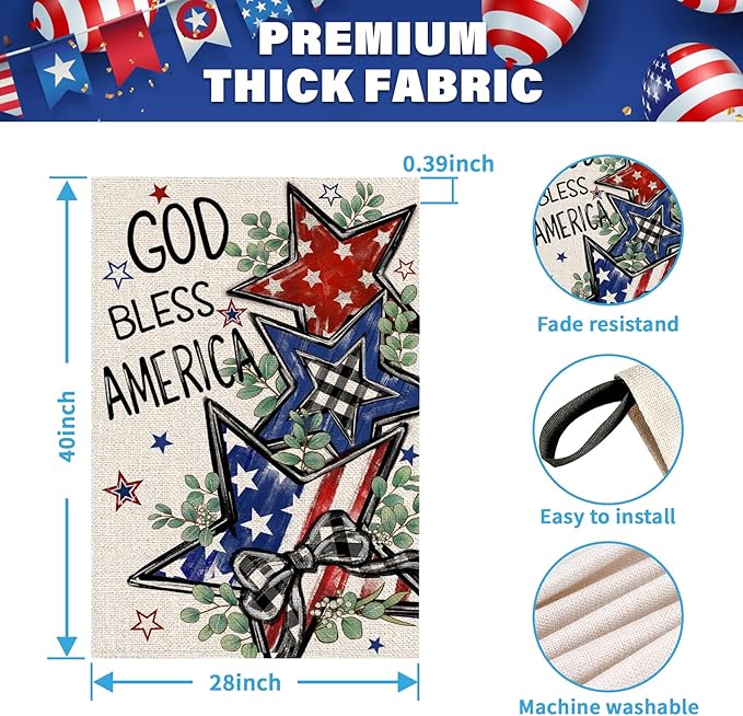 4th of July House Flag 28x40 Inch Double Sided Outside God Bless America Patriotic Stars Eucalyptus Memorial Day Independence Day Holiday Outdoor Yard Decoration