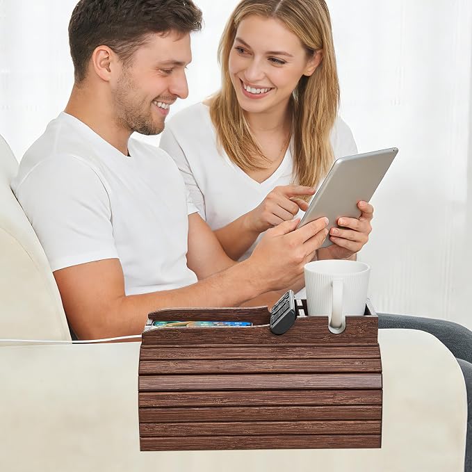 GEHE Couch Cup Holder, Anti Falling Sofa Arm Tray, Natural Bamboo Sofa Cup Holder More Safe for Your Family, Portable Couch Arm Tray Armrest Table for Remote, Snacks, Drinks