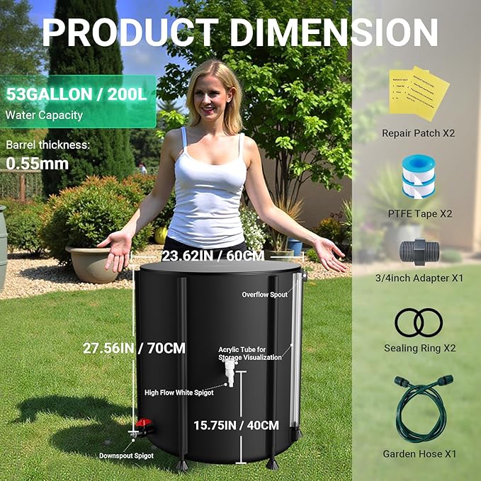SKM 53 Gallon Collapsible Rain Barrel, PVC Rainwater Collection System Water Tank Storage, Portable Rain Water Collection Barrel for Outside/Lawn/Garden, Container with Overflow Kit & Spigot, Black
