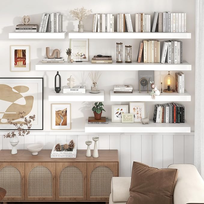 55 Inch Floating Shelves for Wall, 12"D Wood Storage Shelves, White Finish
