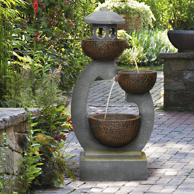 Tankana 36 inches Water Fountain Outdoor Solar Powered Zen Pagoda Garden Japaness Modern Tranquil Waterfalls Fountains Landscaping Cascading Bowls on Patio Yard Porch Deck Balconies Lawns, Gray