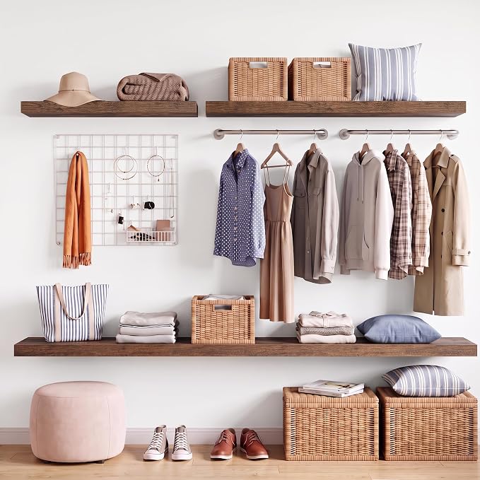 16x8in Floating Shelves 2 Pack, Wall Mount Display Shelf, Rustic Brown | Invisible Brackets, 18lb Sturdy MDF, 8in Deep Shelf, Easy Install, For Bedroom, Bathroom, Living Room, Kitchen & Office