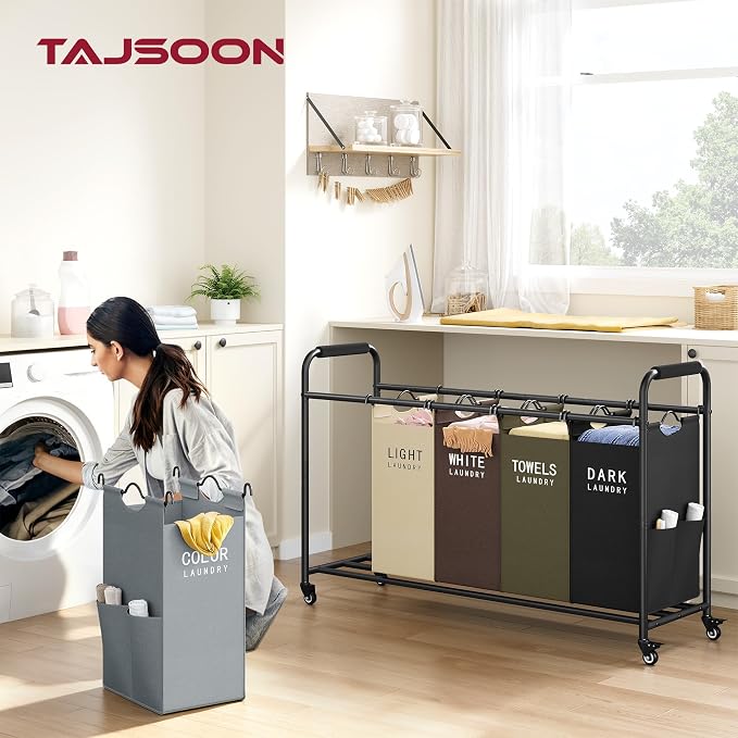 Tajsoon 5 Bag Laundry Sorter Cart, Laundry Hamper 5 Section, 5 Colors
