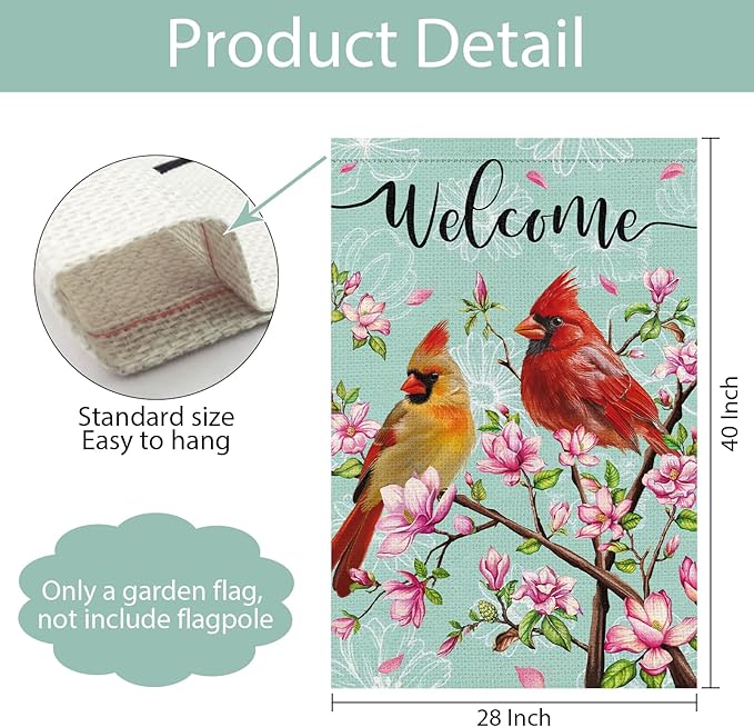 Cardinal Bird Welcome Spring Garden Flag, 28x40 Vertical Double Sided Burlap Tree Flower Spring Flag for Outside Farmhouse Yard Decorations