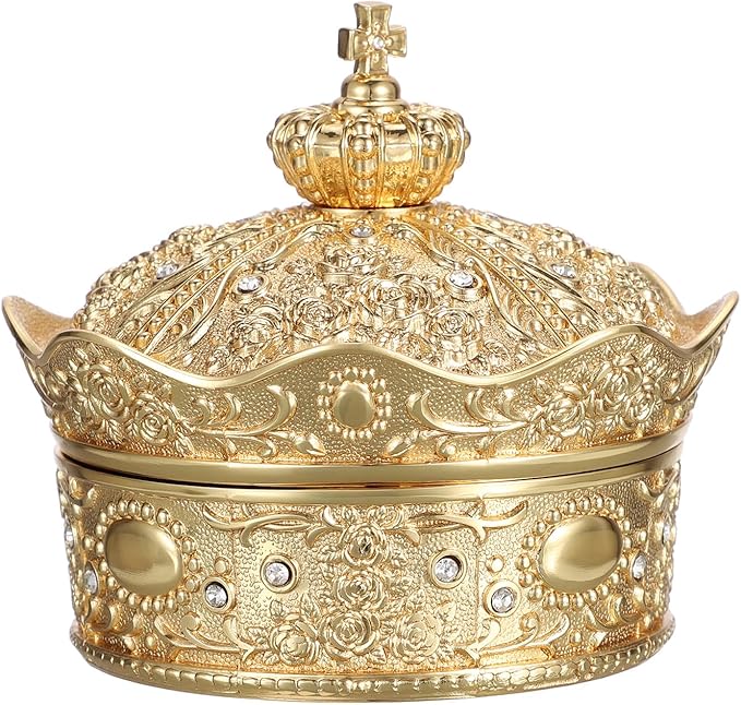 Hipiwe Vintage Jewelry Box Small Trinket Holder for Earrings Necklaces Gold Rings Storage Organizer Crown Design Treasure Chest Gift for Woman, Small