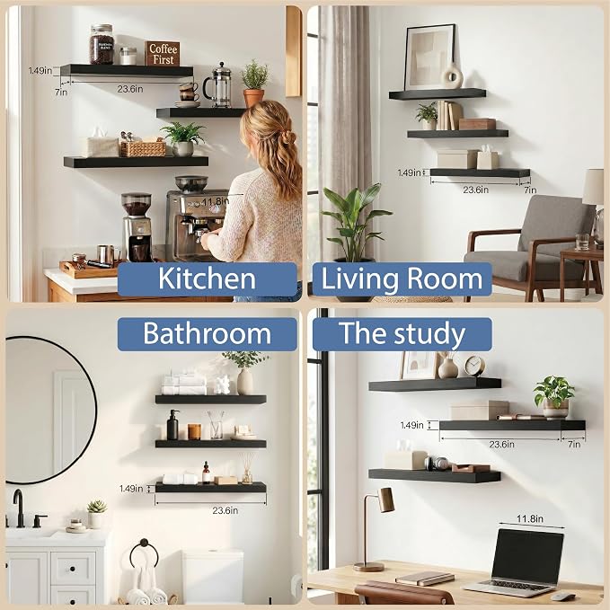 Black Modern Floating Shelves for Wall, 24 Inch Long Shelf Set of 3 | Wooden Storage Shelves, Over Toilet, Wood Grain Finish, 33lbs Max Load, Hidden Brackets, Easy Install, Bedroom Living Room