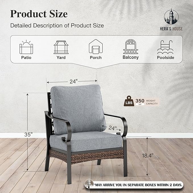 HERA'S HOUSE Patio Chairs Set of 2, High Back Outdoor Dining Chairs with Thick Cushions, All Weather Metal Frame Furniture for Garden, Backyard, Deck, Grey