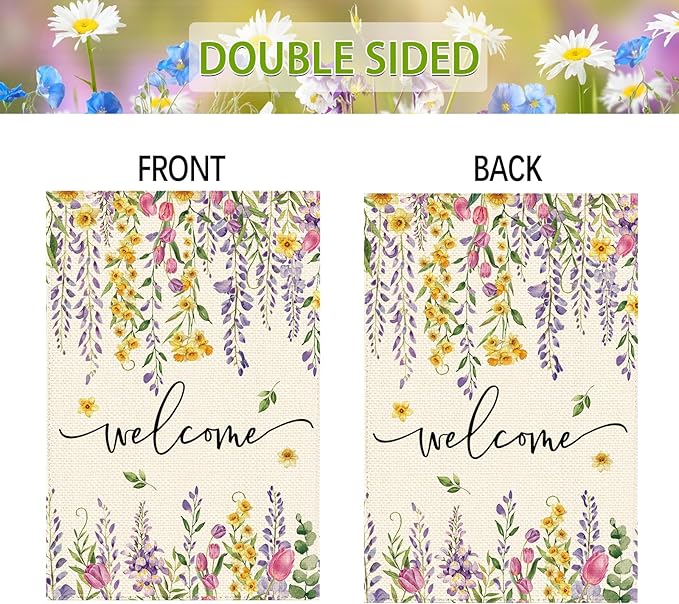 Spring Summer Wisteria Wildflowers Welcome Garden Flag 12 x 18 Inch Double Sided, Daffodils Floral Burlap Small Yard Flag Holiday Farmhouse Flags for Patio Outdoor Outside Decoration