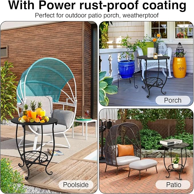 2 Tier Outdoor Side Table,14" Diameter and 17" H Weather Resistant Metal Round Outdoor End Table Side Table for Patio Yard Porch Balcony Garden Bedside,Suitable for Indoor and Outdoor use