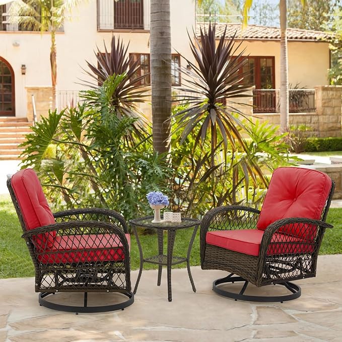MELLCOM 3 Pieces Outdoor Swivel Rocker Patio Chairs, 360 Degree Rotation and Gliding Patio Furniture Set with Thickened Cushions and Glass Coffee Table for Backyard, Garden, Wine Red