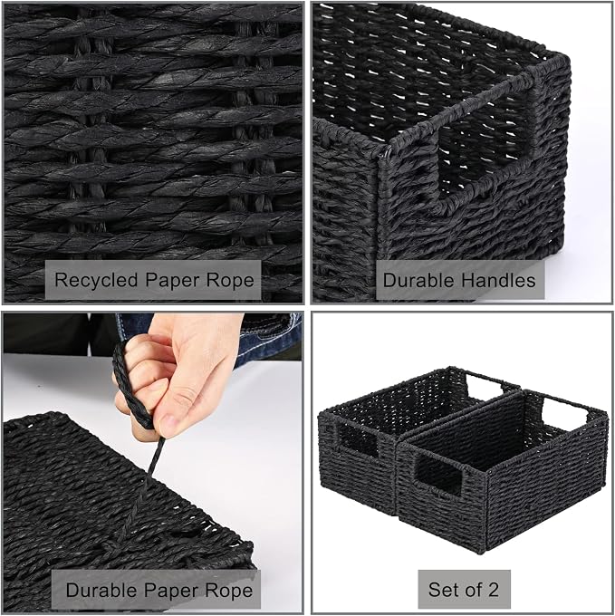 Vagusicc Wicker Storage Basket, Set of 2 Black Wicker Baskets for Bathroom