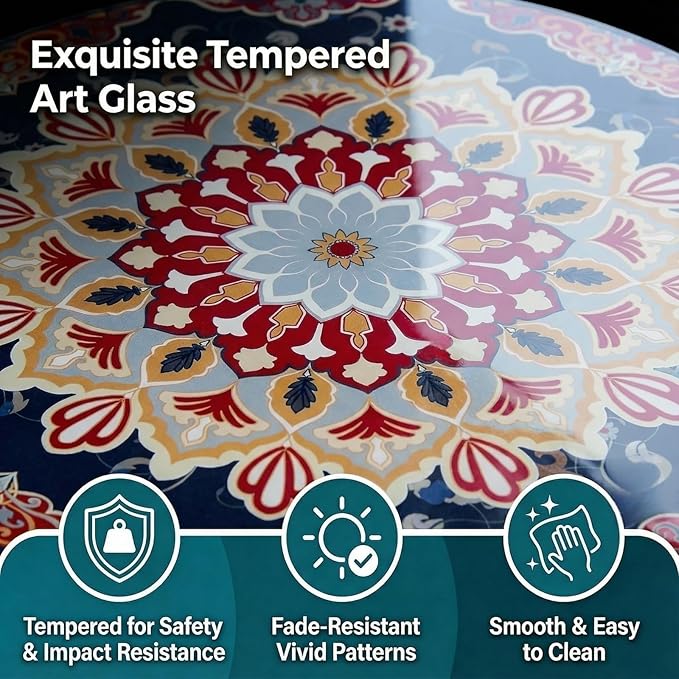 Simmer Stone 13.4" Outdoor Side Table, Round Patio Bistro Table Printed Tempered Glass Top, Waterproof Rust-Proof Base, Small Plant Stand for Balcony, Garden, Deck, 21.6" H (Ochre Color)