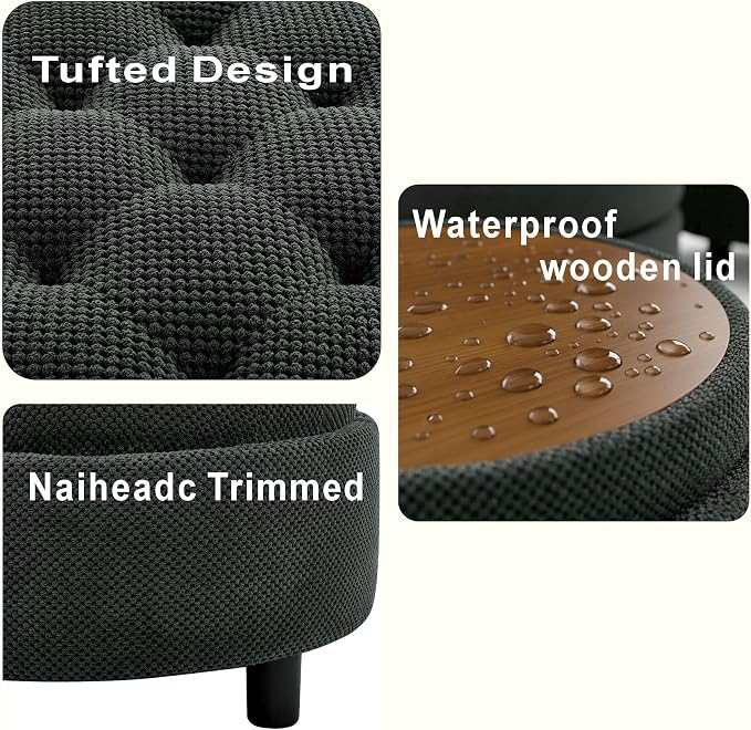 Round Ottoman with Storage, Modern Upholstered Storage Ottoman Coffee Table with Removable Lid Top Tray and Solid Wood Legs for Living Room, Bedroom, Dorm, 25 Inch