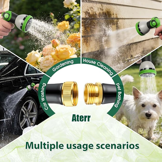 Aterr Garden Hose 75ft, Lightweight Flexible Water Hose with 10 Pattern Nozzle, Durable Hose, Solid Aluminum Connectors, Leak-Resistant for Yard Lawn Car Washing, (Green)
