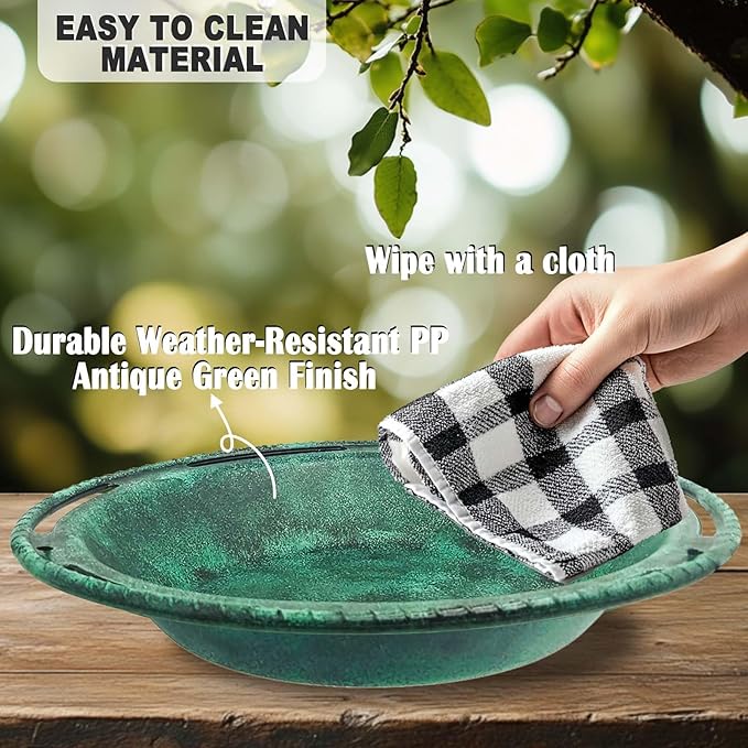 Hanging Bird Bath & Feeder Bowl, 12 in Outdoor Bird Bath with Chains, Backyard Garden Decor, Durable Weather-Resistant PP, Antique Green – 1 Pack