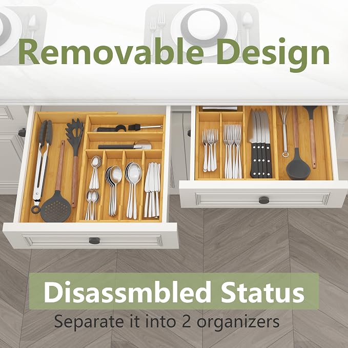 Suli Extra Large Silverware Drawer Organizer,Expandable 22in to 37in,Bamboo | 2.6in Deep,13 Slot,Removable Design,Expandable Utensil Tray for Kitchen Drawer,Big Adjustable Cooking Cutlery Flatware Holder
