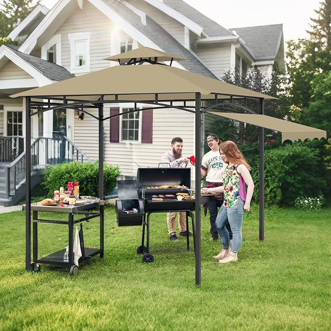 Grill Gazebo Replacement Canopy Top Only - 5' x 11' Outdoor BBQ Gazebo Canopy Roof with Extra Side Awning, Waterproof Double Tiered Shelter Cover (Khaki, 5x11)