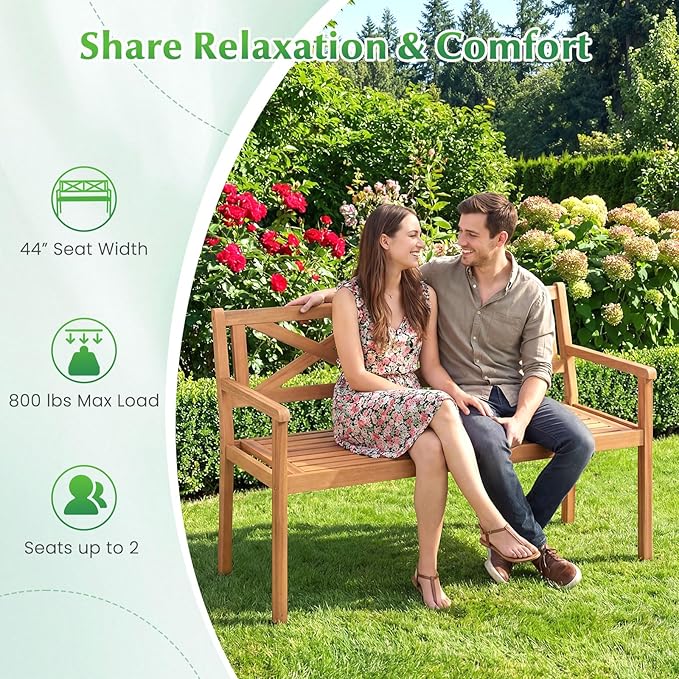 Tangkula Acacia Wood Outdoor Loveseat Bench, 2-Person Patio Garden Bench with Armrests & Backrest, Slatted Wooden Outside Seating Furniture for Backyard, Porch, Deck (X-Shaped Backrest)