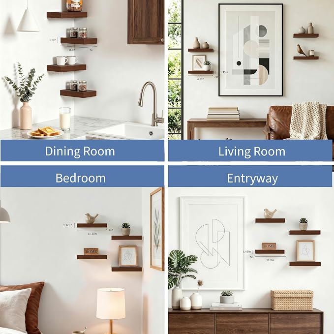 Walnut Floating Shelves for Wall, 12 Inch Wooden Shelves Set of 4 | Bathroom Storage Shelves, Easy Install, Heavy Duty, 33lbs Max Load, Hidden Brackets, Bedroom Living Room Kitchen Books Decor