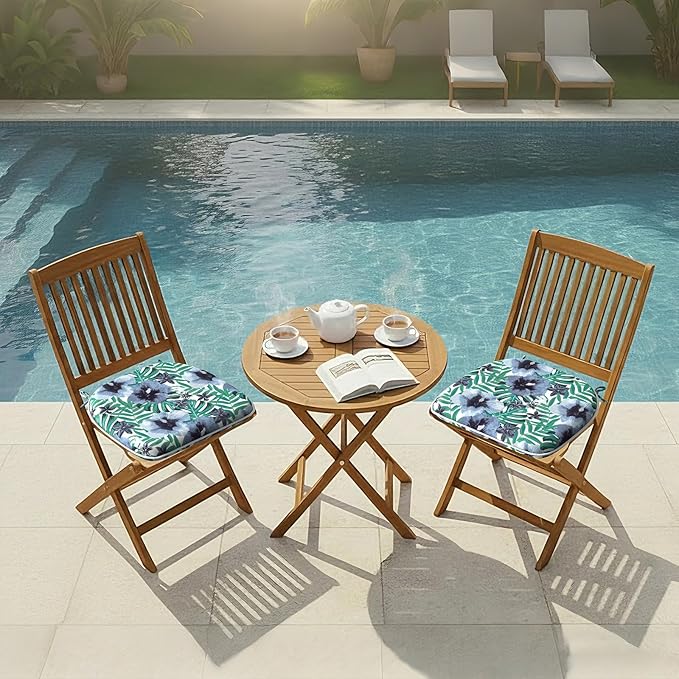 DYTXIII Set of 2 Outdoor Chair Cushions with Ties,Water Repellent Patio Chair Pads 17"x 16" for Outdoor Furniture,Round Corner Seat Cushions for Garden Yard Kitchen Blue Salmone Tropical