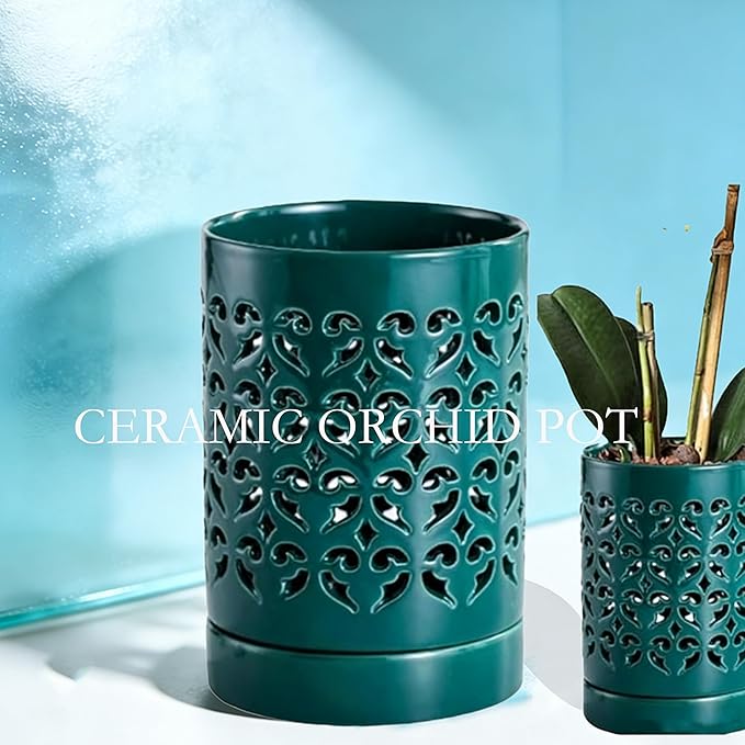 4 Inch Ceramic Orchid Pots with Holes, Breathable Garden Planter with Saucer Promotes Air Circulation for Healthy Plant Growth