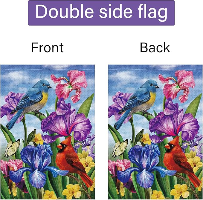 Louise Maelys Welcome Spring House Flag 28x40 Double Sided Vertical, Burlap Large Cardinal Birds Irises Floral Yard House Outside Outdoor House Summer Seasonal Decoration