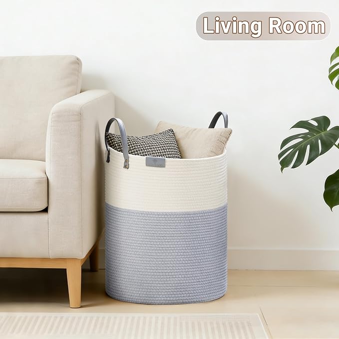 VIPOSCO 53L Tall Woven Rope Laundry Hamper, Leather Handles, Grey & White | Large Wicker Laundry Basket for Dirty Clothes, Blanket, Toy, Towel, Yoga Mat, Storage Bin in Bedroom, Bathroom, Living Room